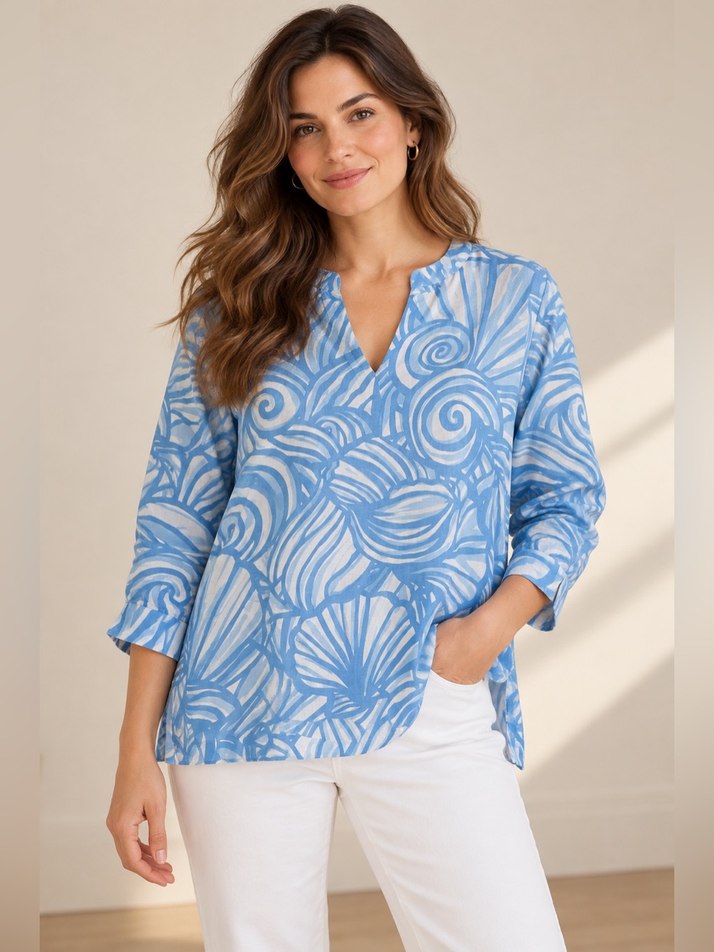 Vineyard Vines Nautilus Light Blue & White Swirl Print Linen Tunic